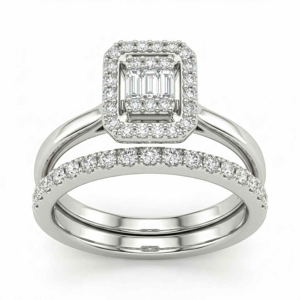 Natural Diamond Bridal Set | 0.95 Ct | VS–SI Clarity | Elegant Halo & Band Set | Saleh Sallom Jewelry-Saleh Sallom