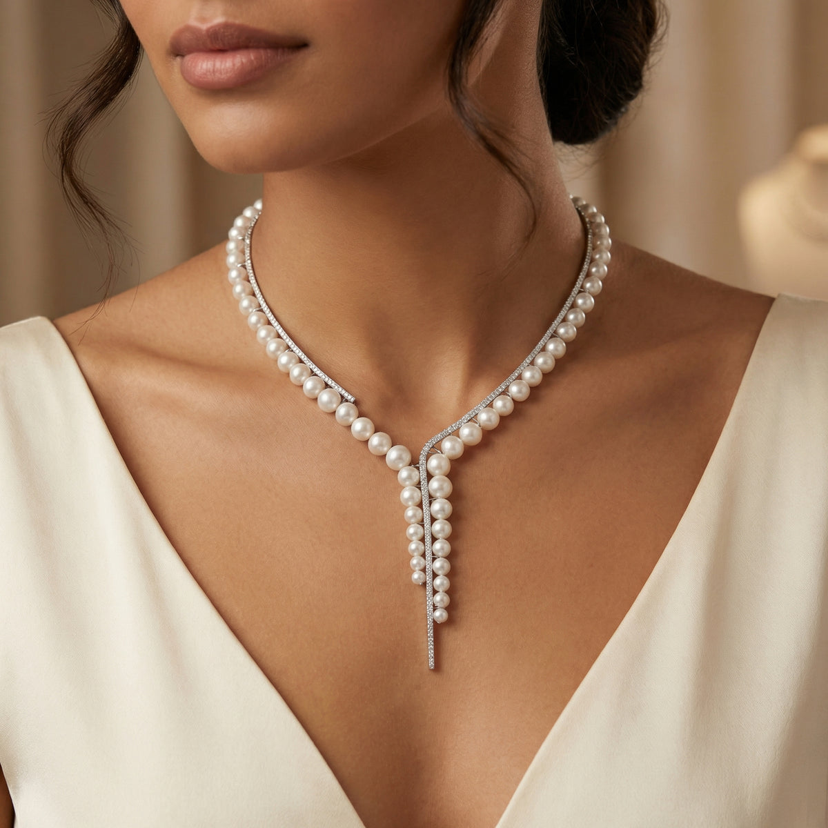 Natural Pearl &amp; Diamond Luxury Necklace | 25.18 g Natural Pearls | 2.90 CT Natural Diamonds | 18K White Gold | Saleh Sallom