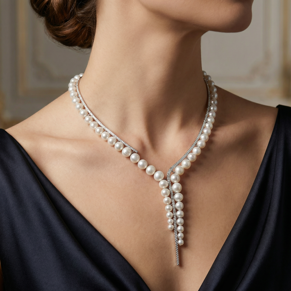 Natural Pearl &amp; Diamond Luxury Necklace | 25.18 g Natural Pearls | 2.90 CT Natural Diamonds | 18K White Gold | Saleh Sallom