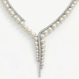 Natural Pearl &amp; Diamond Luxury Necklace | 25.18 g Natural Pearls | 2.90 CT Natural Diamonds | 18K White Gold | Saleh Sallom