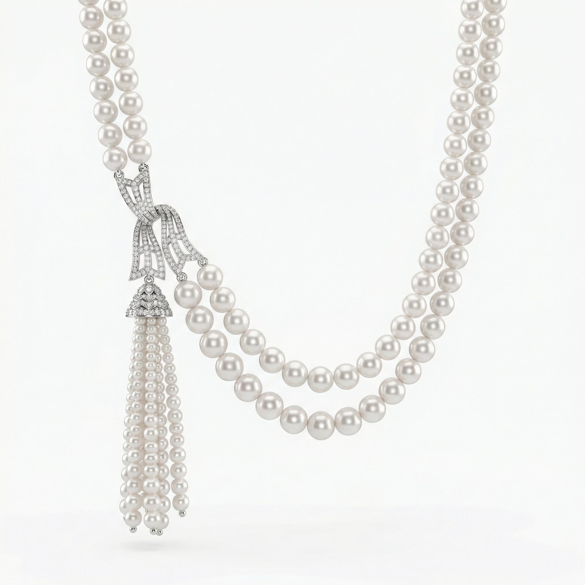 Natural Pearl &amp; Diamond Tassel Necklace | 55.45 g Natural Pearls | 1.42 CT Natural Diamonds | 18K White Gold | Saleh Sallom Main image