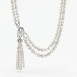 Natural Pearl &amp; Diamond Tassel Necklace | 55.45 g Natural Pearls | 1.42 CT Natural Diamonds | 18K White Gold | Saleh Sallom