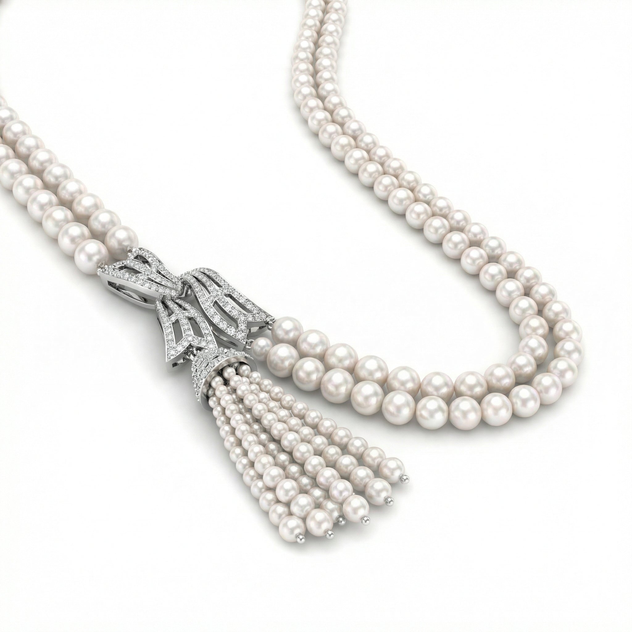 Natural Pearl &amp; Diamond Tassel Necklace | 55.45 g Natural Pearls | 1.42 CT Natural Diamonds | 18K White Gold | Saleh Sallom Secondary image