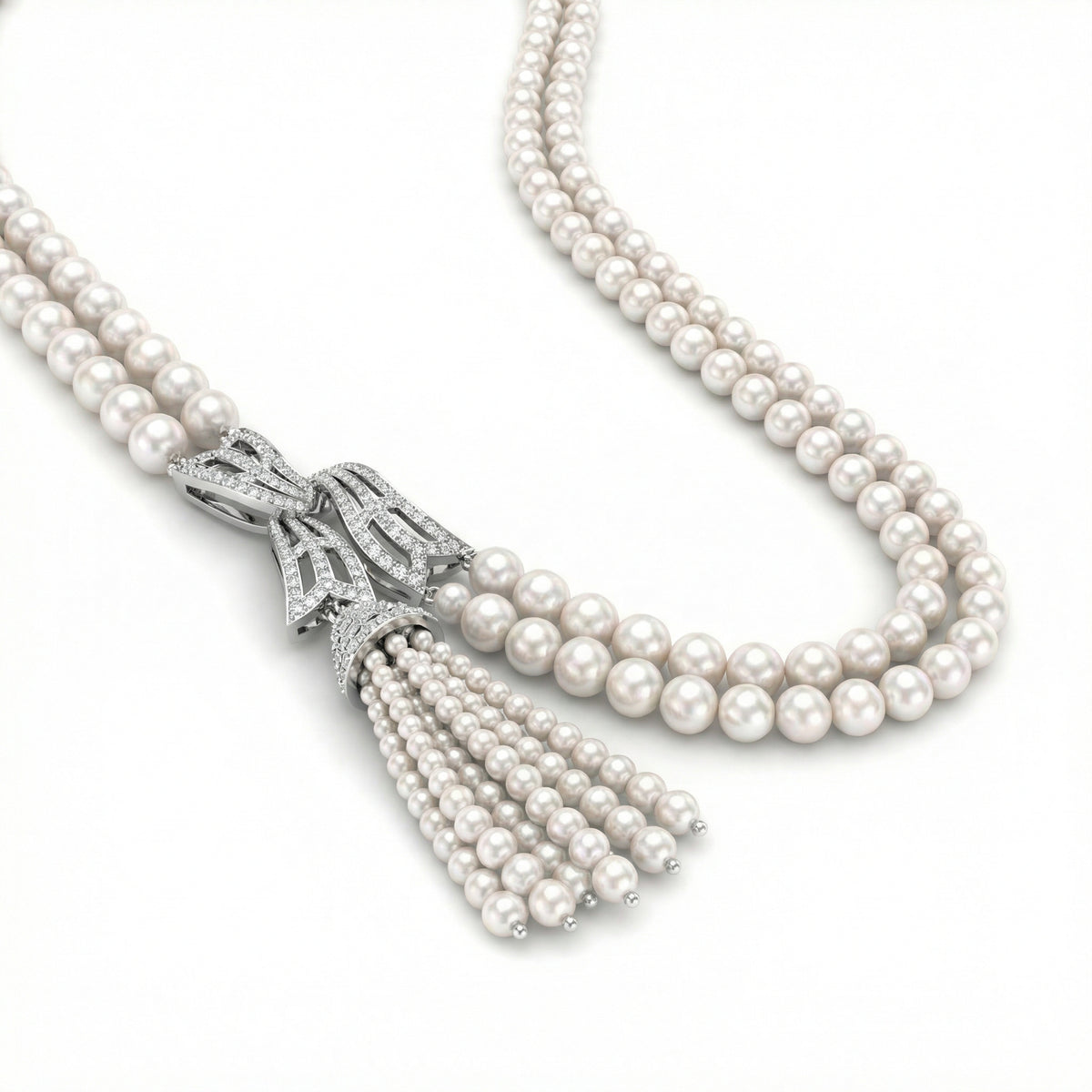 Natural Pearl &amp; Diamond Tassel Necklace | 55.45 g Natural Pearls | 1.42 CT Natural Diamonds | 18K White Gold | Saleh Sallom