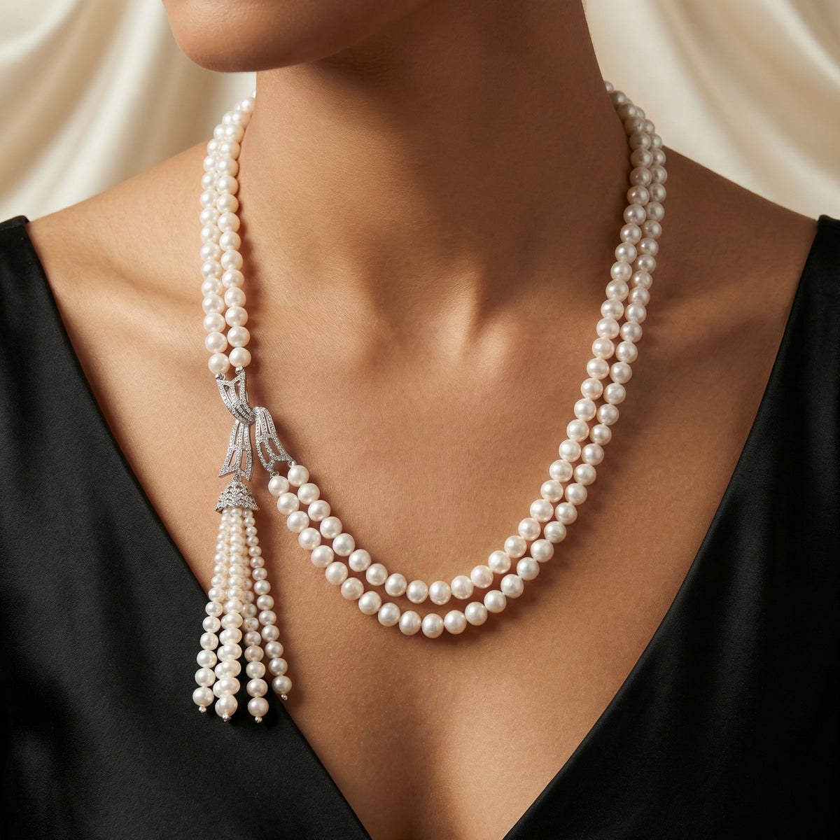 Natural Pearl &amp; Diamond Tassel Necklace | 55.45 g Natural Pearls | 1.42 CT Natural Diamonds | 18K White Gold | Saleh Sallom