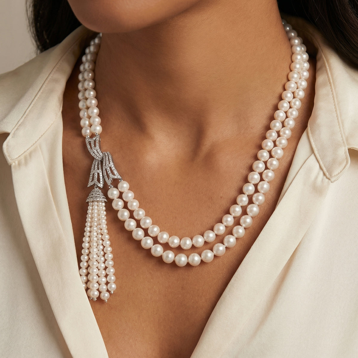 Natural Pearl &amp; Diamond Tassel Necklace | 55.45 g Natural Pearls | 1.42 CT Natural Diamonds | 18K White Gold | Saleh Sallom