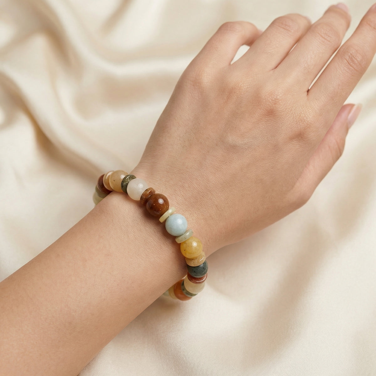 Natural Multicolor Agate Round Beaded Bracelet with Gemstone Spacers