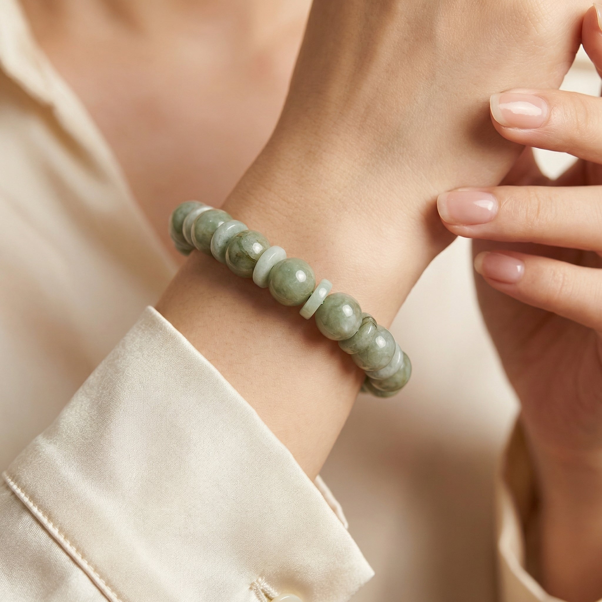 Natural Pale Green Jade Round Beaded Bracelet with Jade Spacers Secondary image