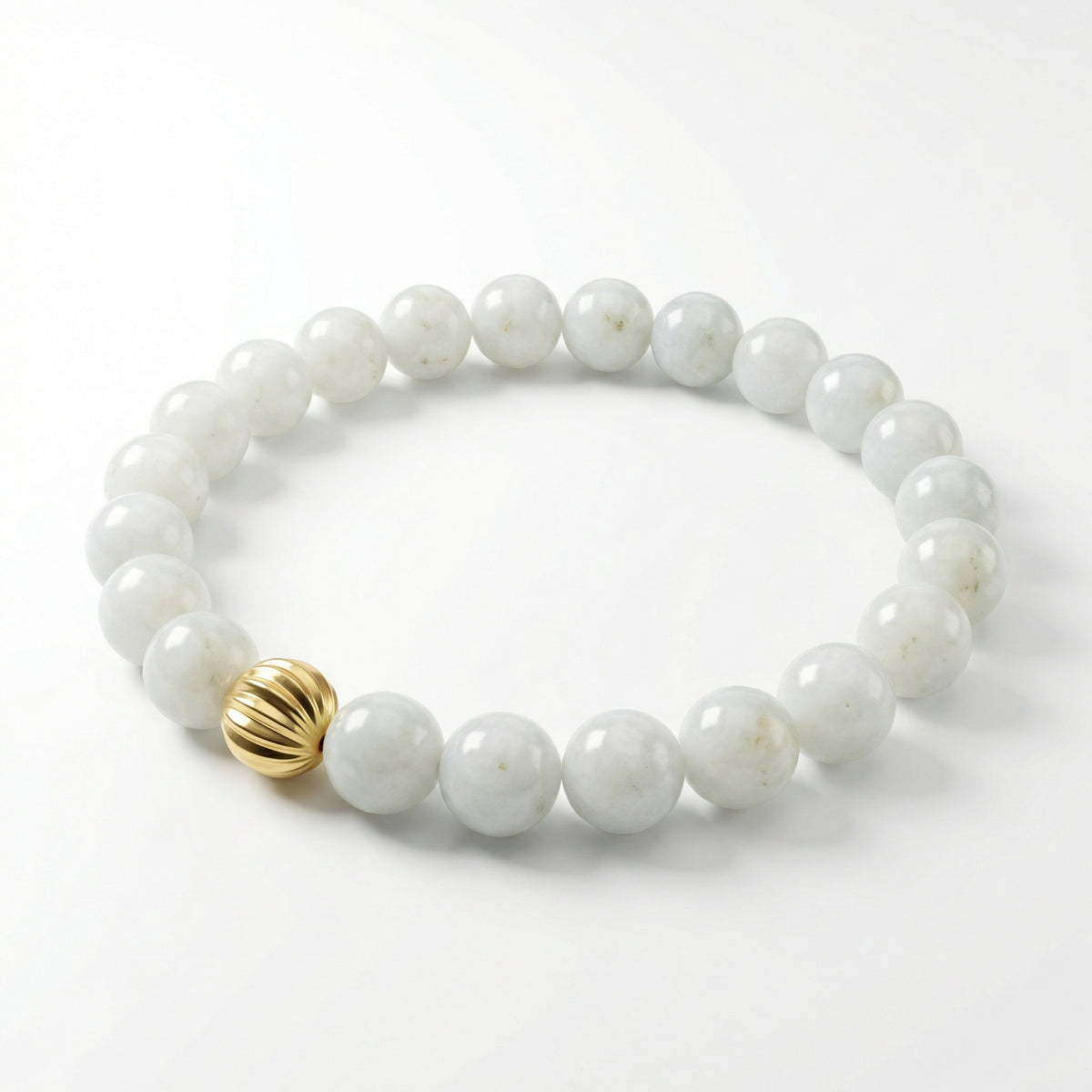 Natural White Jade Round Beaded Bracelet with Gold-Tone Accent