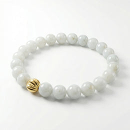 Natural White Jade Round Beaded Bracelet with Gold-Tone Accent