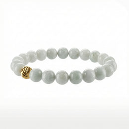 Natural White Jade Round Beaded Bracelet with Gold-Tone Accent