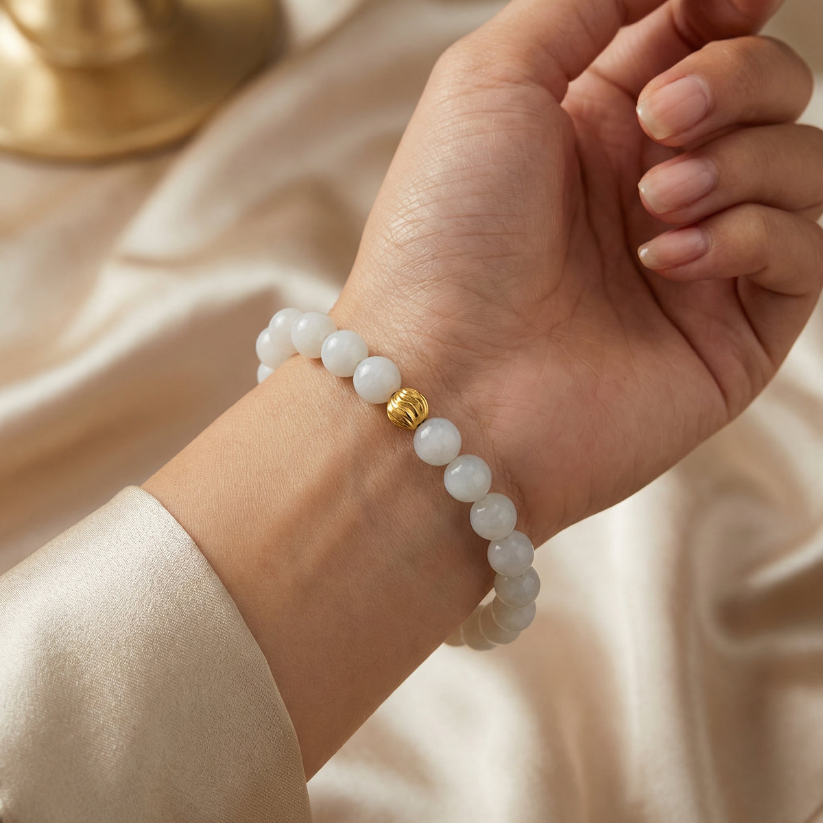 Natural White Jade Round Beaded Bracelet with Gold-Tone Accent