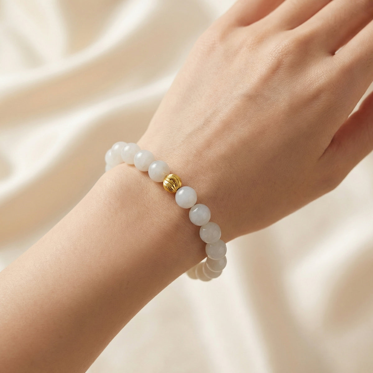 Natural White Jade Round Beaded Bracelet with Gold-Tone Accent