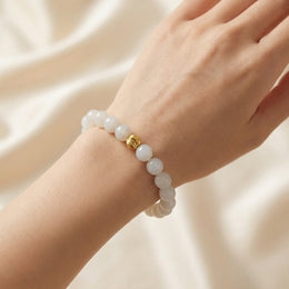 Natural White Jade Round Beaded Bracelet with Gold-Tone Accent