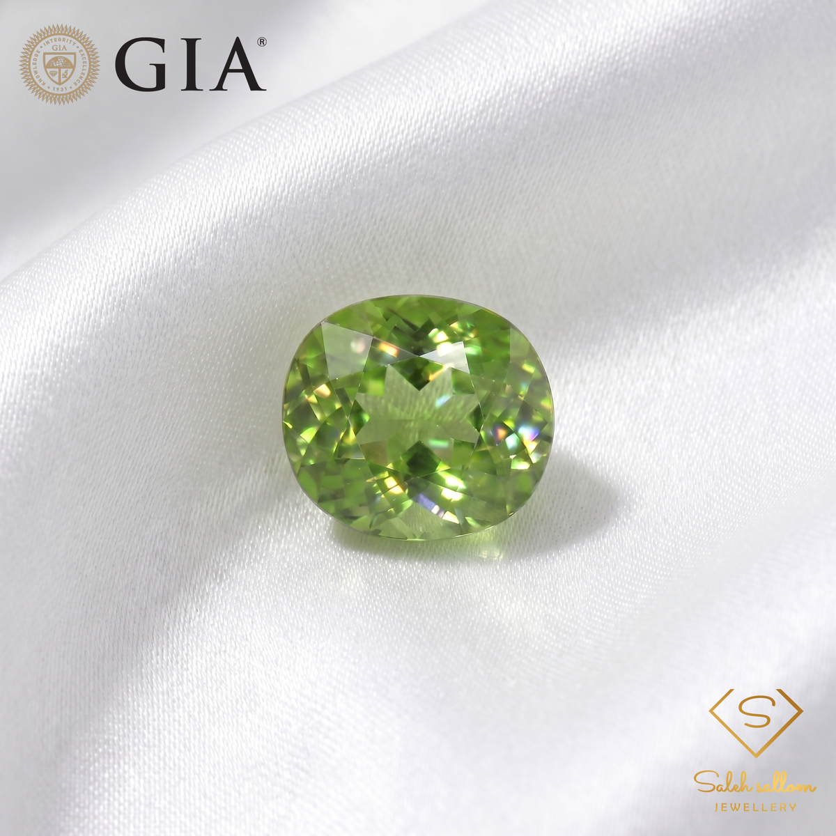GIA Identified Natural Sphene (Titanite) | 10.61 Carat Cushion Cut | Vivid Yellowish Green Fire