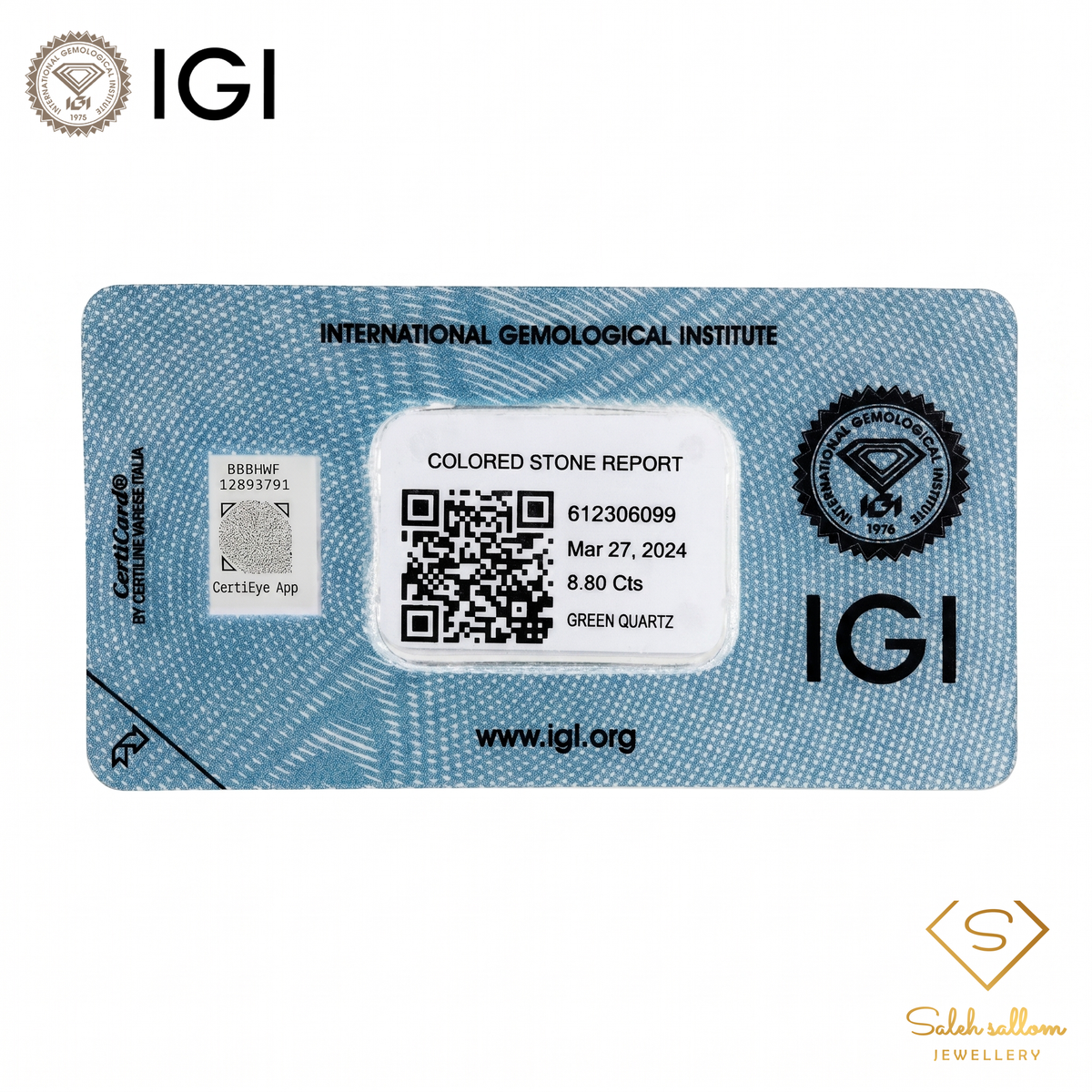 IGI Certified Natural Green Quartz | 8.80 Carat Cushion Cut | Yellowish Green Statement Gemstone