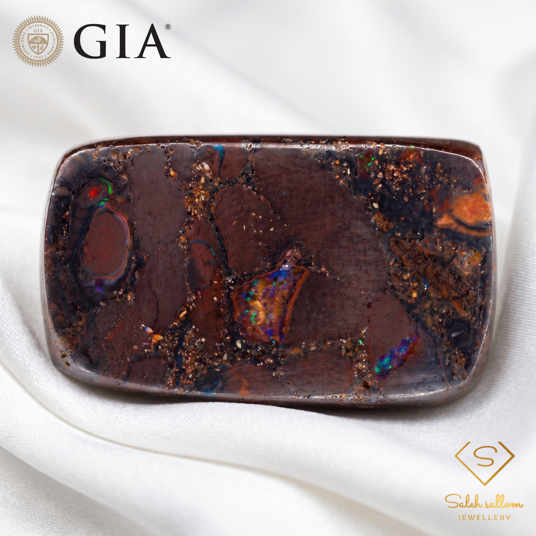GIA Certified Natural Boulder Opal | 39.89 Carats Round-Cornered Rectangular Tablet | Displaying Play of Color-Saleh Sallom