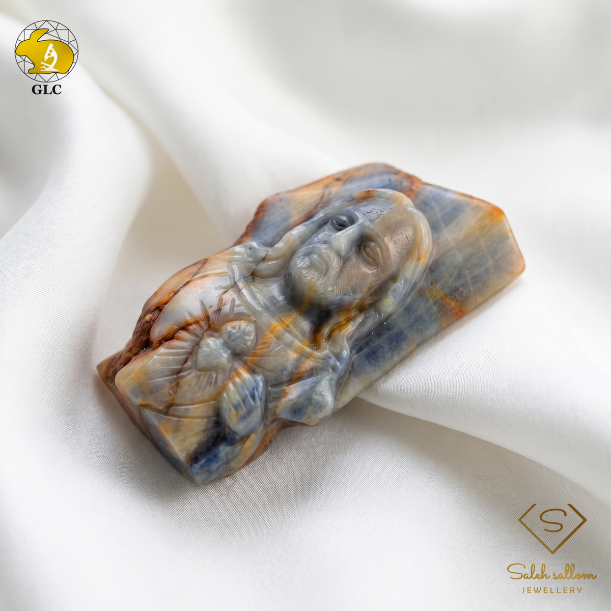 394.41 Ct Natural Unheated Sapphire Religious Carving | Certified Blue Sapphire Sculpture | Collector Gemstone Artwork