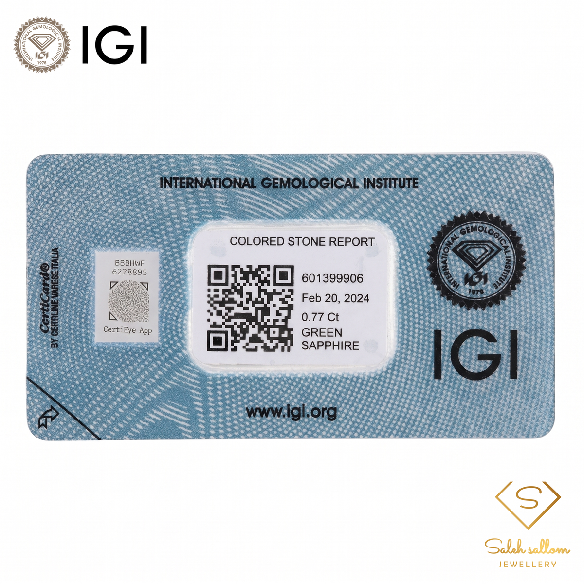 IGI Certified Natural Green Sapphire | 0.77 Carat Cushion Mixed Cut | Unheated Gemstone-Saleh Sallom
