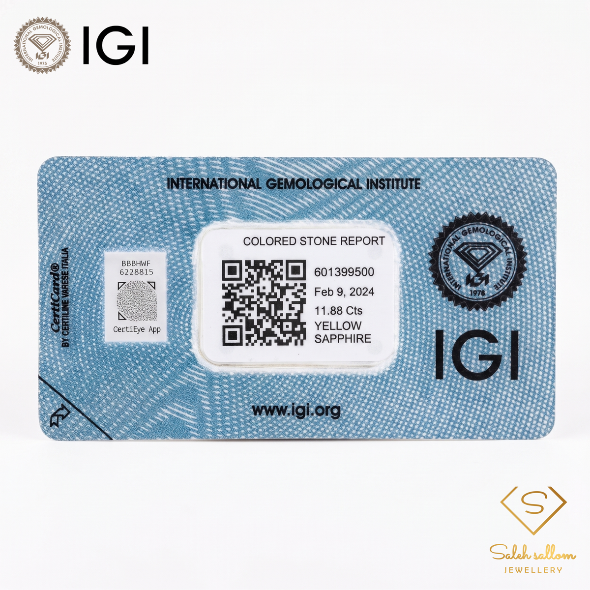 IGI Certified Natural Yellow Sapphire | 11.88 Carats Cushion Mixed Cut | Heated Gemstone-Saleh Sallom