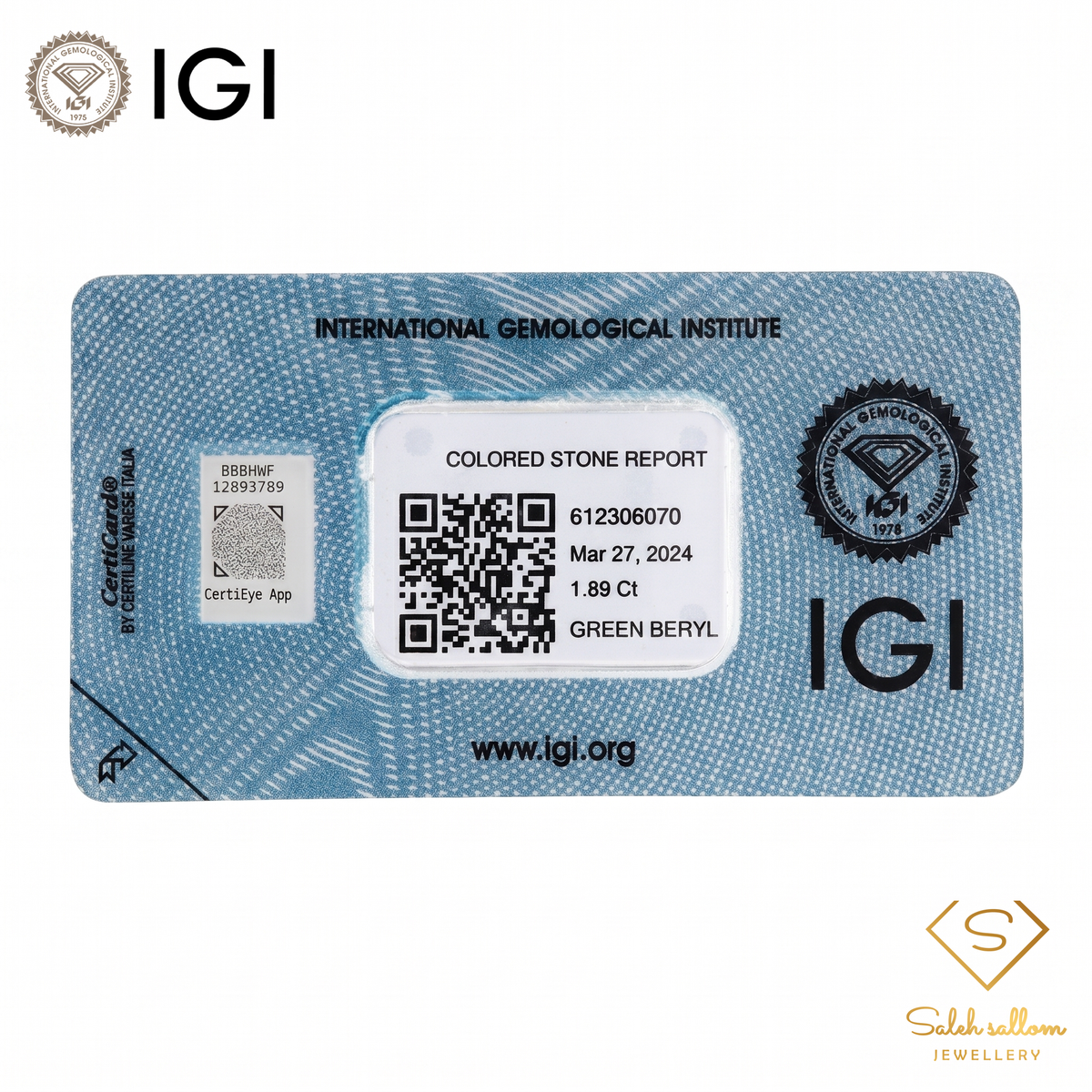 IGI Certified Natural Green Beryl | 1.89 Carats Emerald Cut | Rare Yellowish Green Collector Gemstone-Saleh Sallom