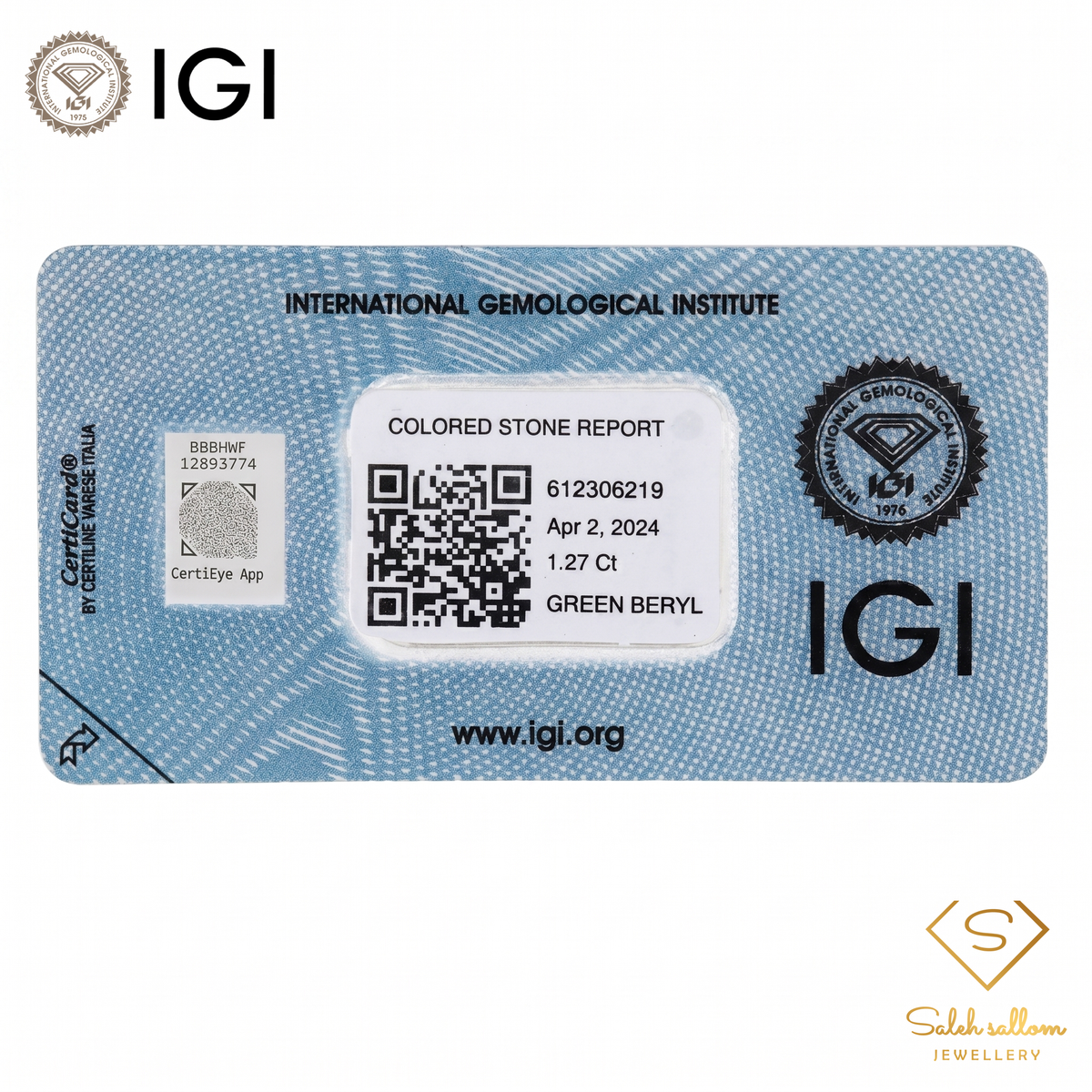 IGI Certified Natural Green Beryl | 1.27 Carats Emerald Cut | Fine Yellowish Green Gemstone-Saleh Sallom