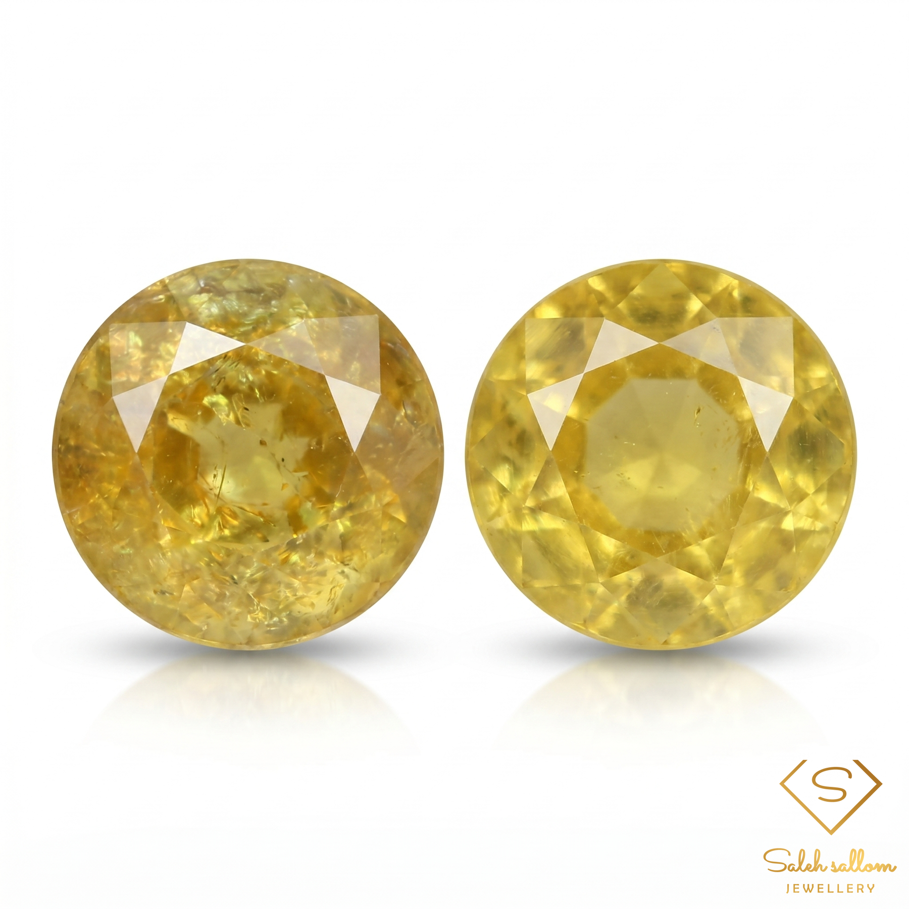 Matching Pair Natural Yellowish Green Sphene Gemstones 1.42 Ct TW Round Cut Diamond Luster