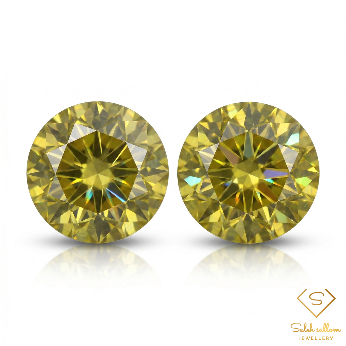 Matching Pair Natural Greenish Yellow Sphene Gemstones 1.10 Ct TW Round Cut Diamond Luster Main image