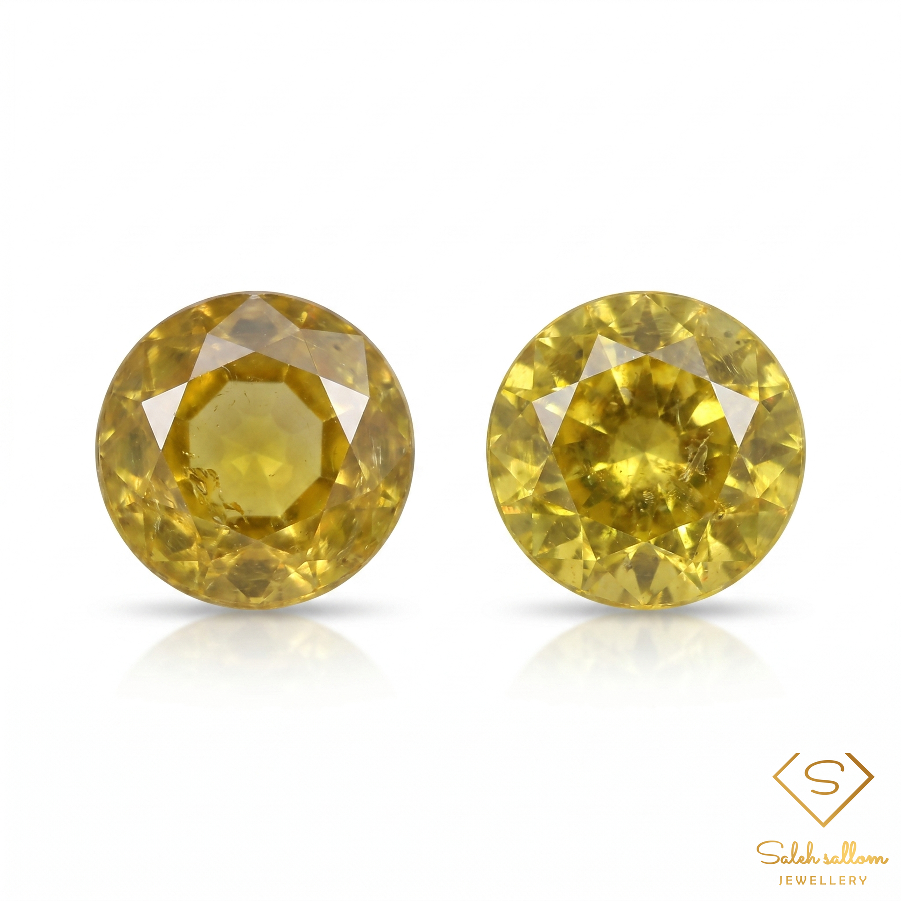 Matching Pair Natural Greenish Yellow Sphene Gemstones 1.20 Ct TW Round Cut Diamond Luster