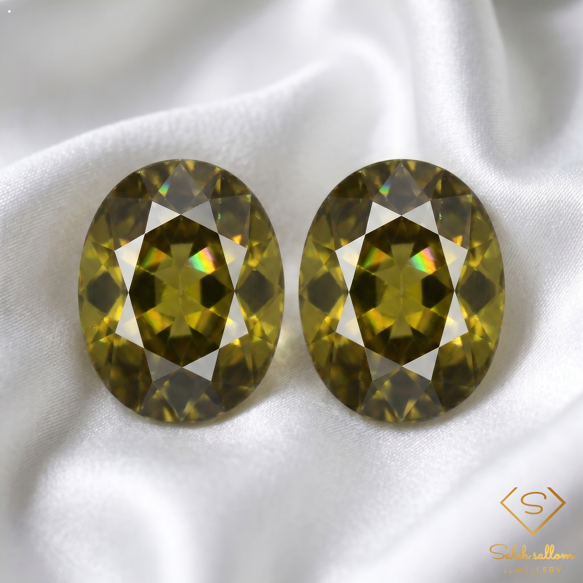 Matching Pair Natural Yellowish Green Sphene Gemstones 2.29 Ct TW Oval Cut Amazing Luster