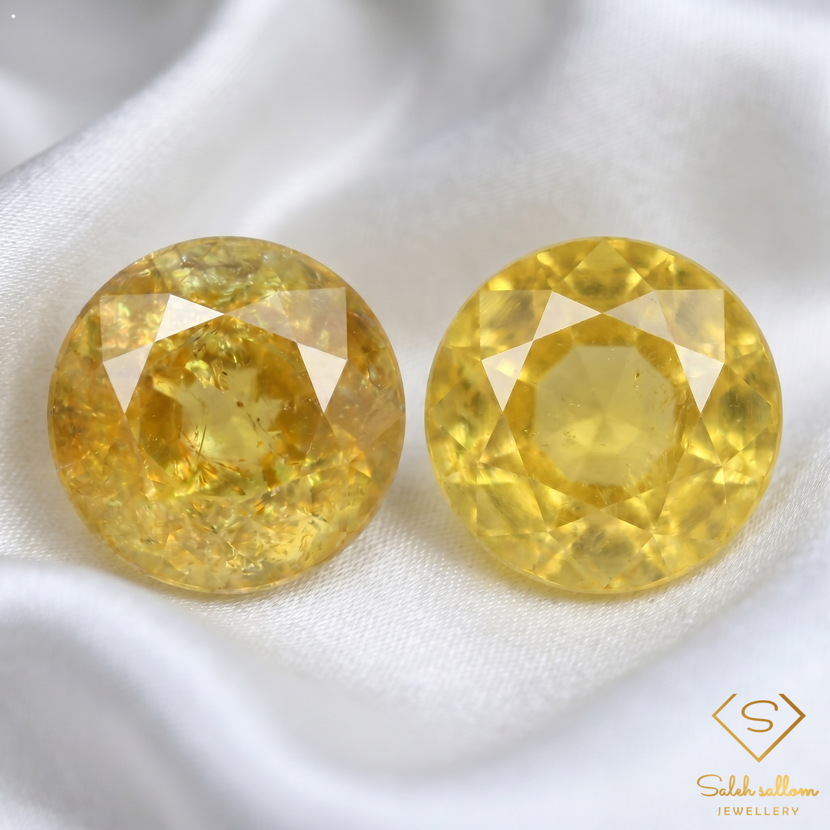 Matching Pair Natural Yellowish Green Sphene Gemstones 1.42 Ct TW Round Cut Diamond Luster