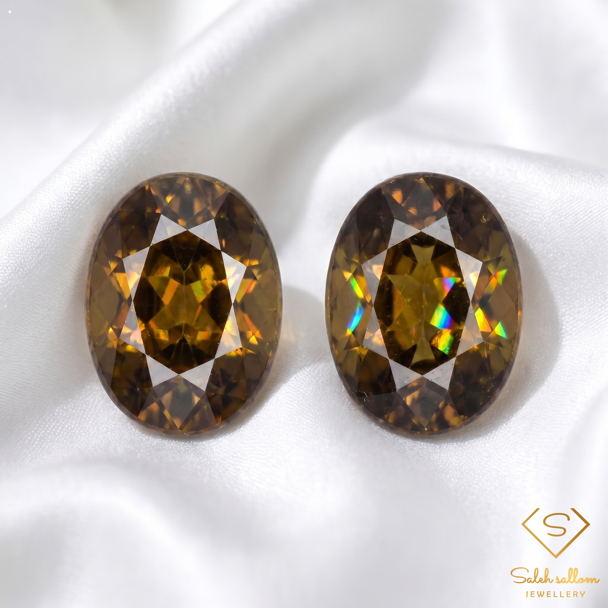 Matching Pair Natural Greenish Yellow Sphene Gemstones 2.46 Ct TW Oval Cut Adamantine Luster