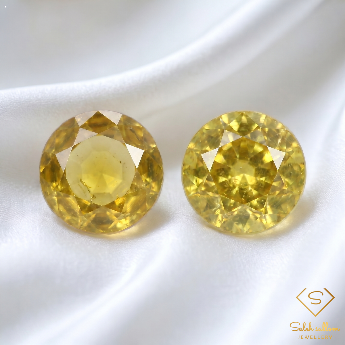 Matching Pair Natural Greenish Yellow Sphene Gemstones 1.20 Ct TW Round Cut Diamond Luster