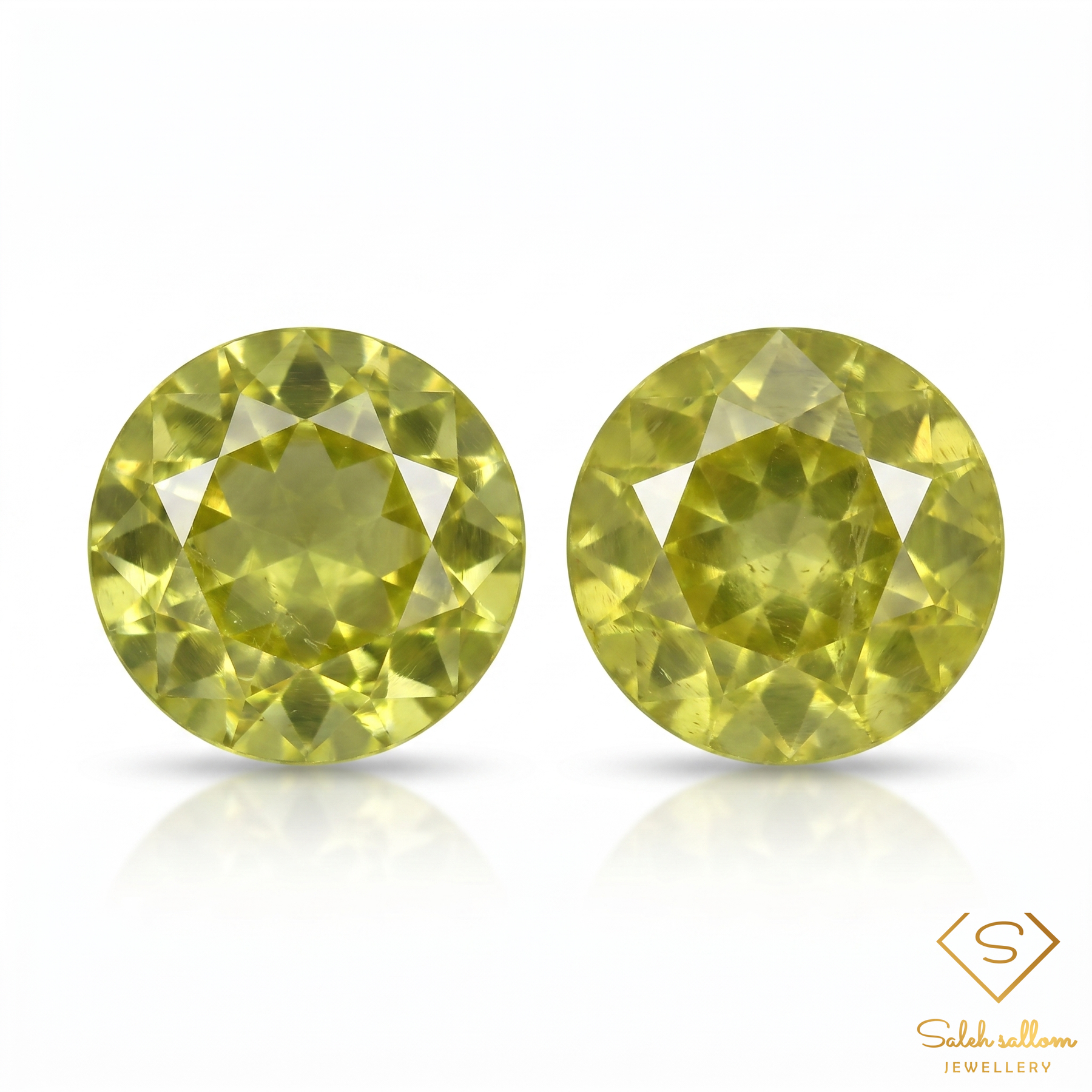 Matching Pair Natural Greenish Yellow Sphene Gemstones 0.97 Ct TW Round Cut Diamond Luster