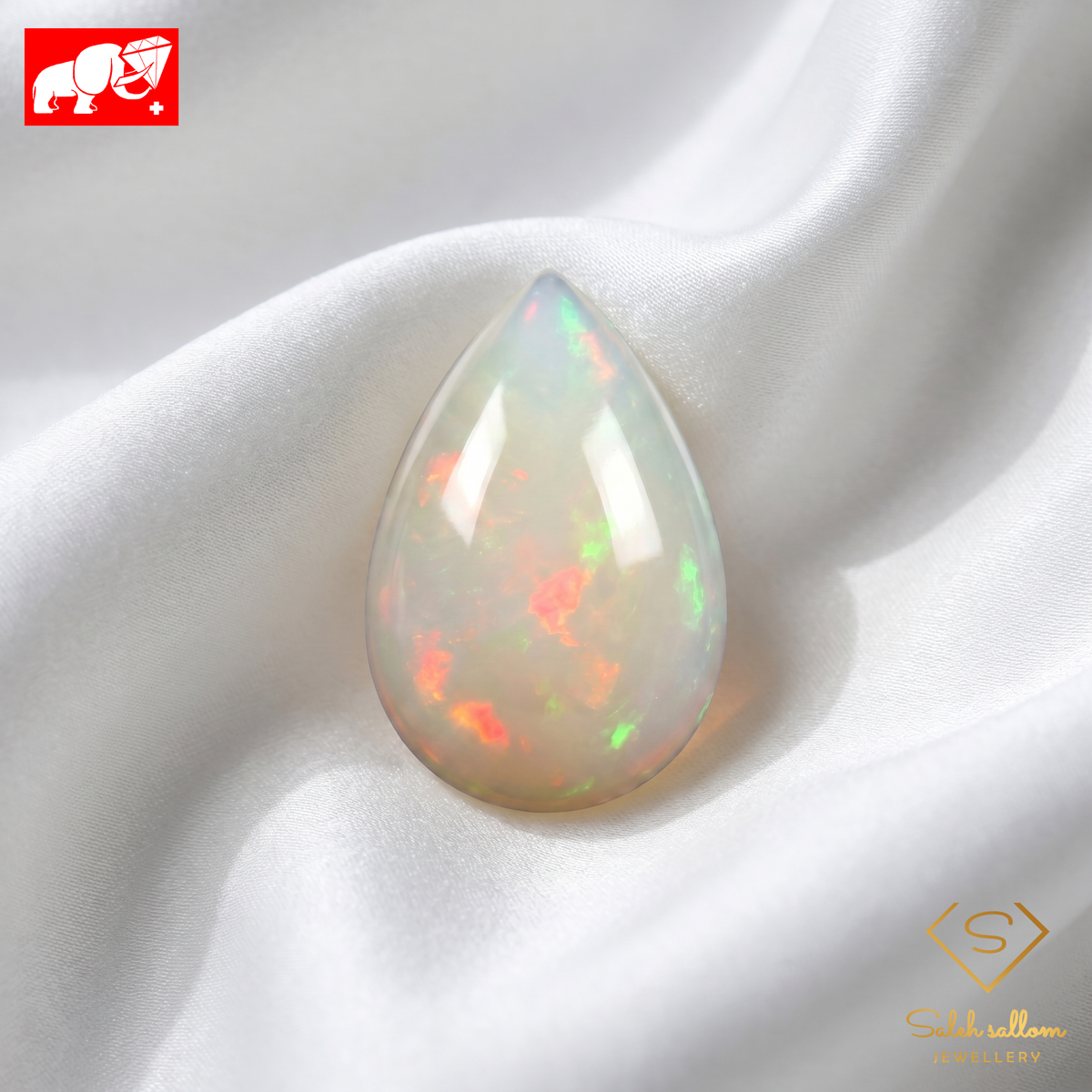13.02 Ct Natural White Opal Cabochon | Untreated White Opal with Play-of-Color | Pear Cut-Saleh Sallom