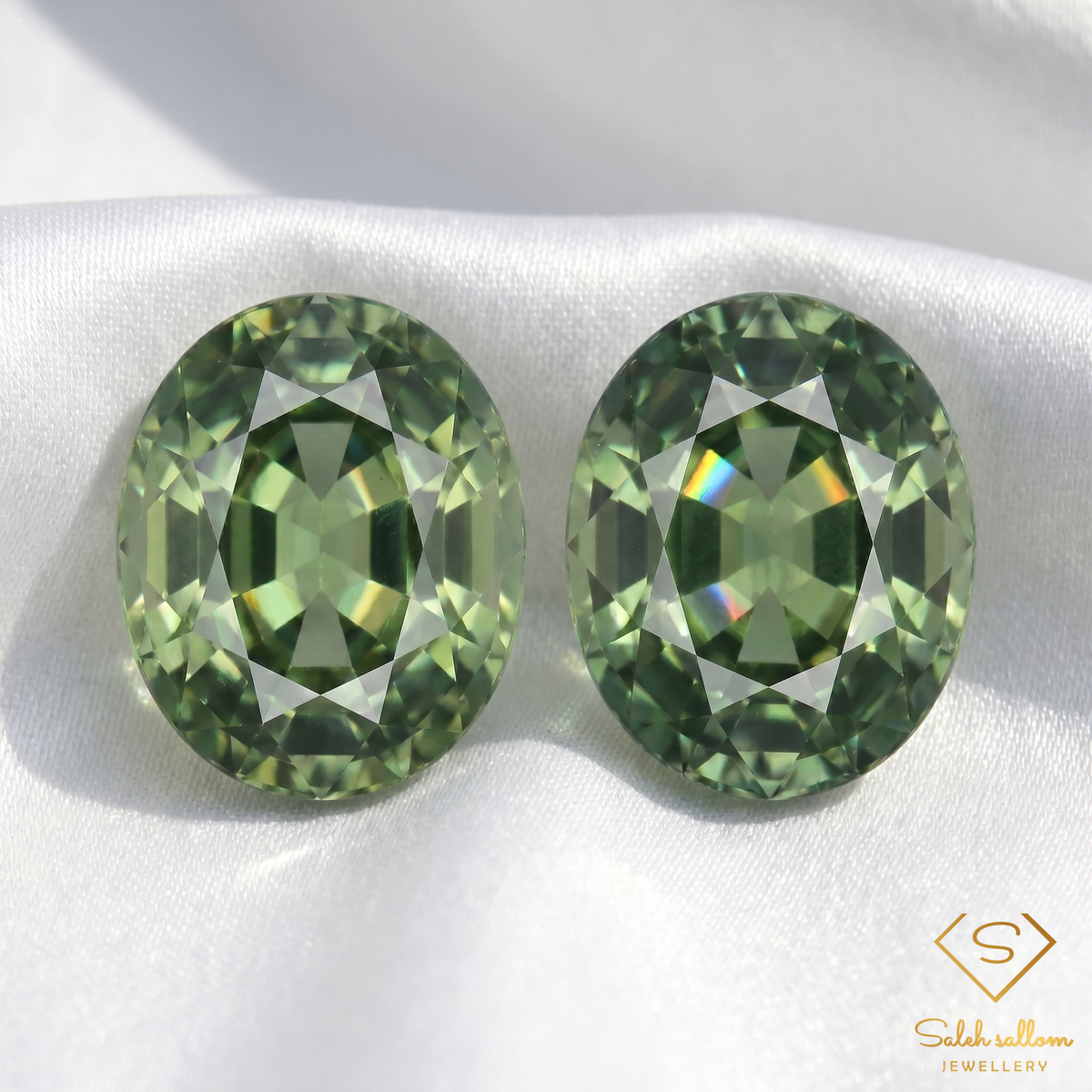 Matching Pair of Natural Green Sapphires | Total 1.58 Carats | Oval Mixed Cut | Fine Corundum Gemstones