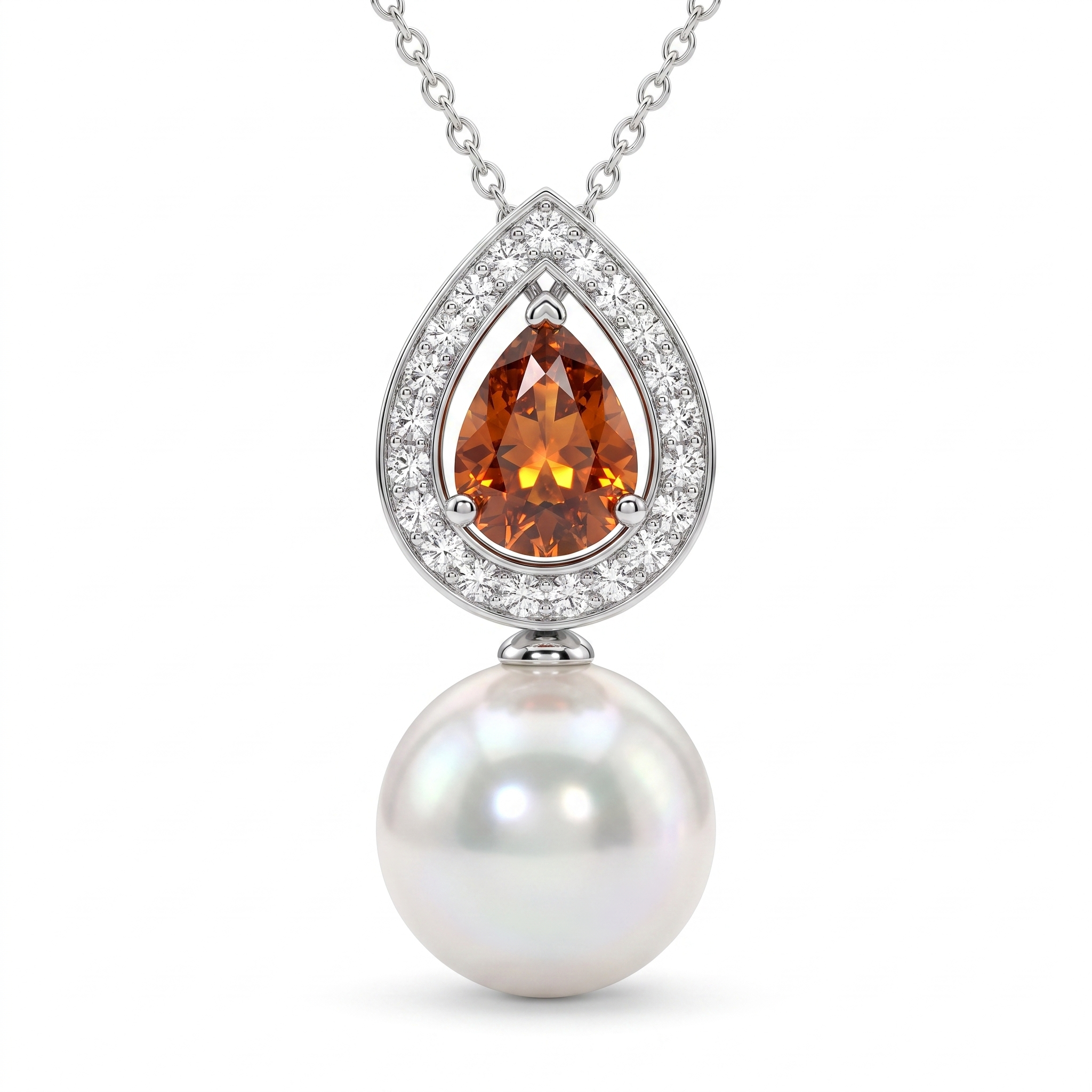 Natural Pearl, Orange Sapphire & Diamond Luxury Pendant Necklace | 1.60 CT Natural Diamonds | 18K Fine Gold | 3.75 g Gross Weight | Saleh Sallom Main image