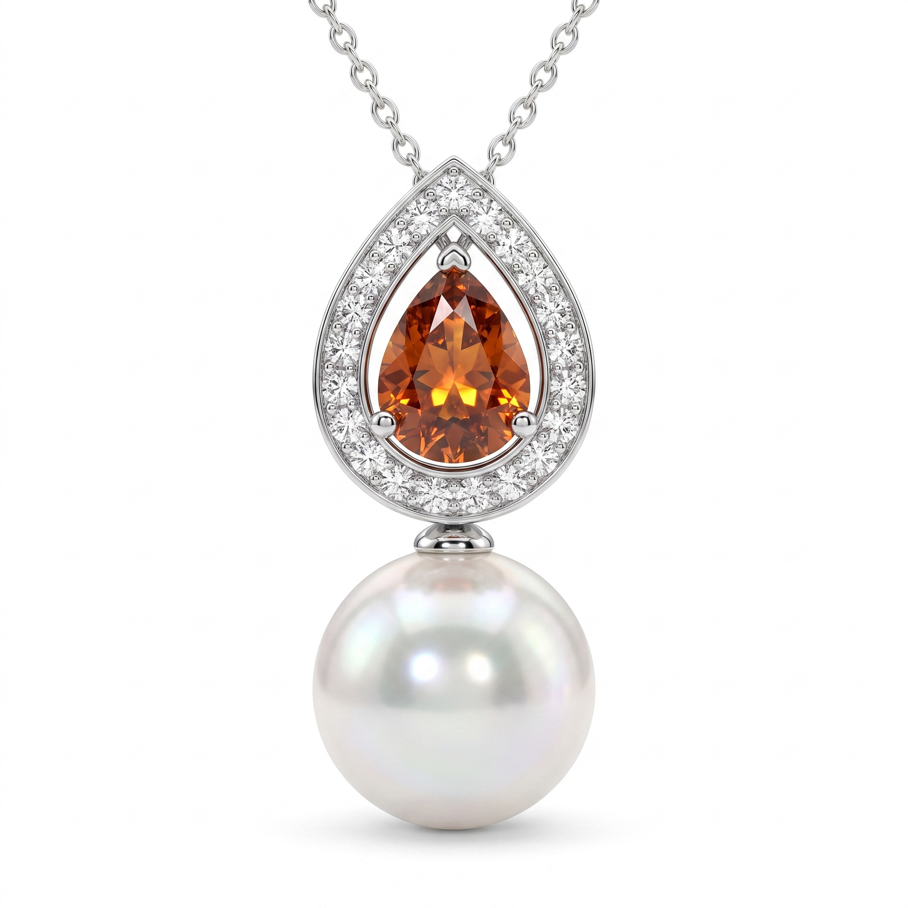 Natural Pearl, Orange Sapphire & Diamond Luxury Pendant Necklace | 1.60 CT Natural Diamonds | 18K Fine Gold | 3.75 g Gross Weight | Saleh Sallom