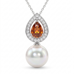 Natural Pearl, Orange Sapphire & Diamond Luxury Pendant Necklace | 1.60 CT Natural Diamonds | 18K Fine Gold | 3.75 g Gross Weight | Saleh Sallom