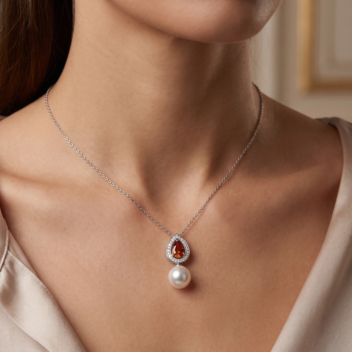 Natural Pearl, Orange Sapphire & Diamond Luxury Pendant Necklace | 1.60 CT Natural Diamonds | 18K Fine Gold | 3.75 g Gross Weight | Saleh Sallom