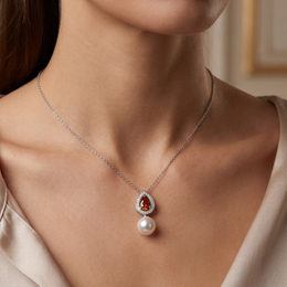 Natural Pearl, Orange Sapphire & Diamond Luxury Pendant Necklace | 1.60 CT Natural Diamonds | 18K Fine Gold | 3.75 g Gross Weight | Saleh Sallom