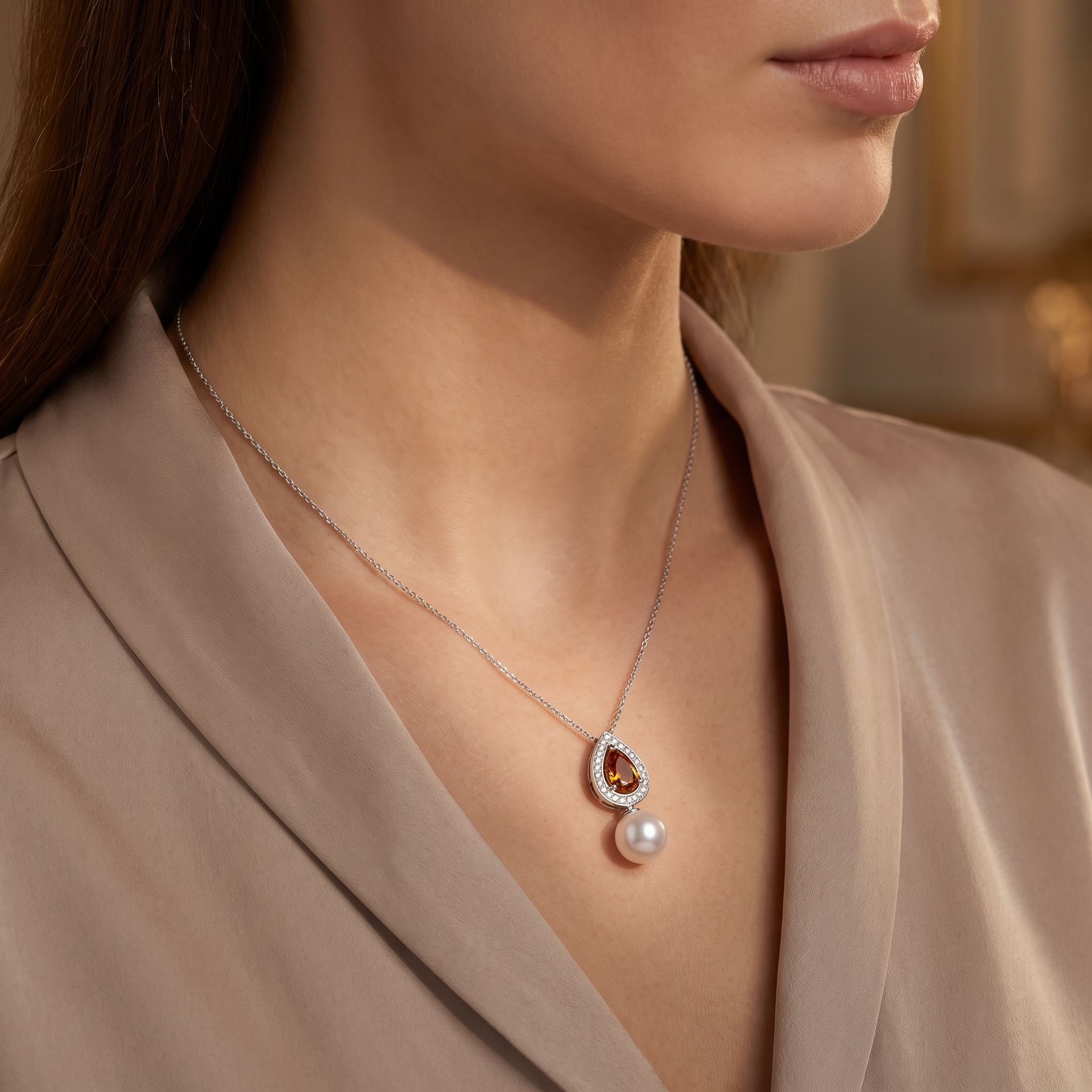 Natural Pearl, Orange Sapphire & Diamond Luxury Pendant Necklace | 1.60 CT Natural Diamonds | 18K Fine Gold | 3.75 g Gross Weight | Saleh Sallom Secondary image