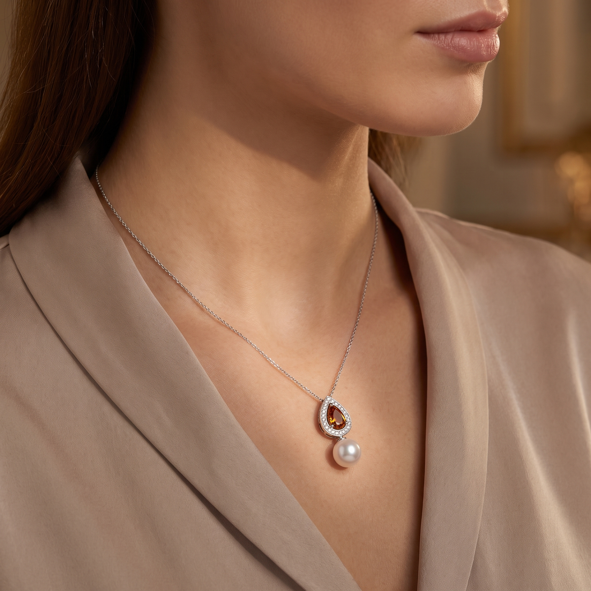 Natural Pearl, Orange Sapphire & Diamond Luxury Pendant Necklace | 1.60 CT Natural Diamonds | 18K Fine Gold | 3.75 g Gross Weight | Saleh Sallom