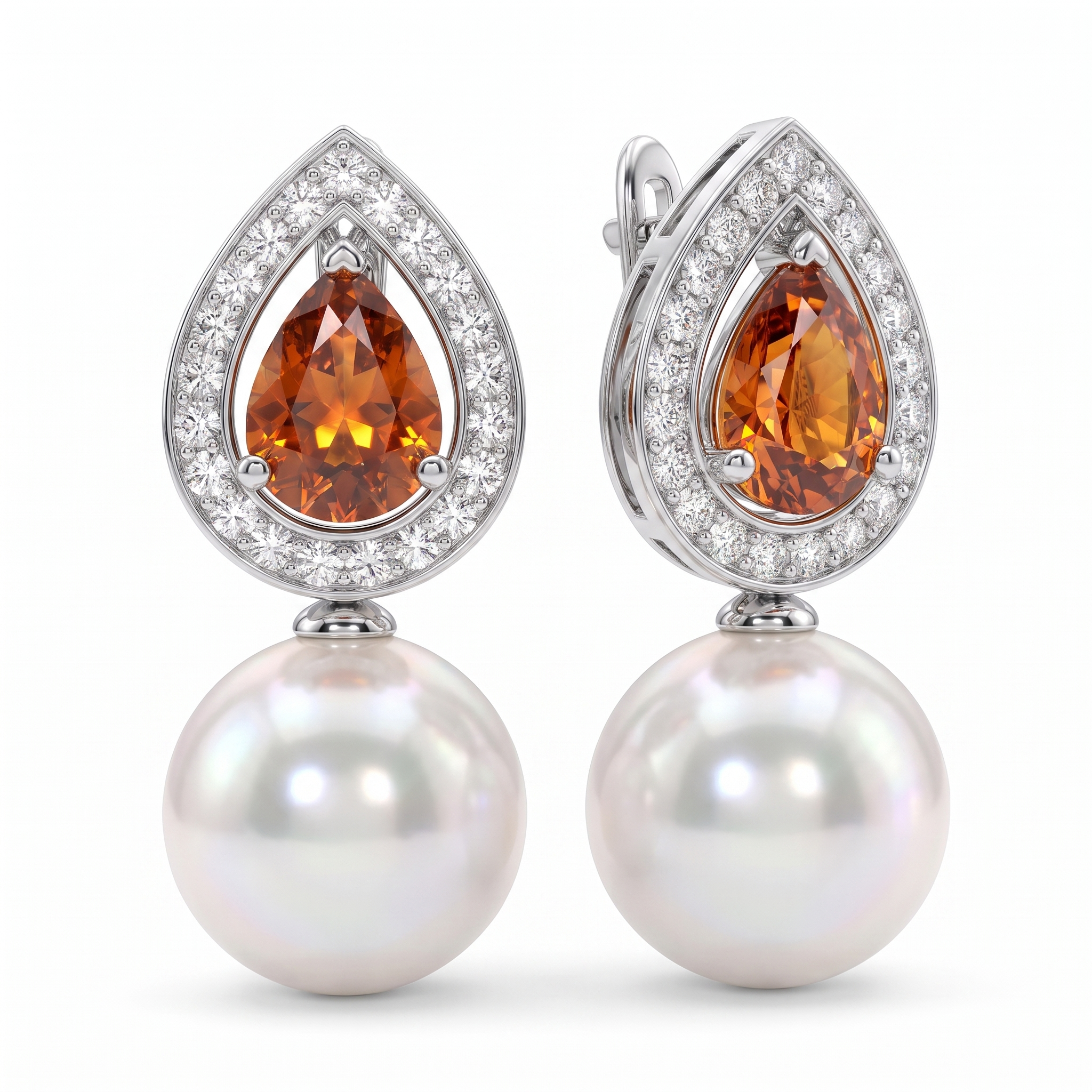 Natural Pearl, Orange Sapphire & Diamond Luxury Earrings | 0.30 CT Natural Diamonds | 18K Fine Gold | 5.02 g Gross Weight | Saleh Sallom Main image