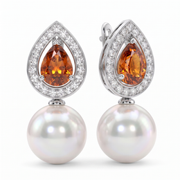 Natural Pearl, Orange Sapphire & Diamond Luxury Earrings | 0.30 CT Natural Diamonds | 18K Fine Gold | 5.02 g Gross Weight | Saleh Sallom