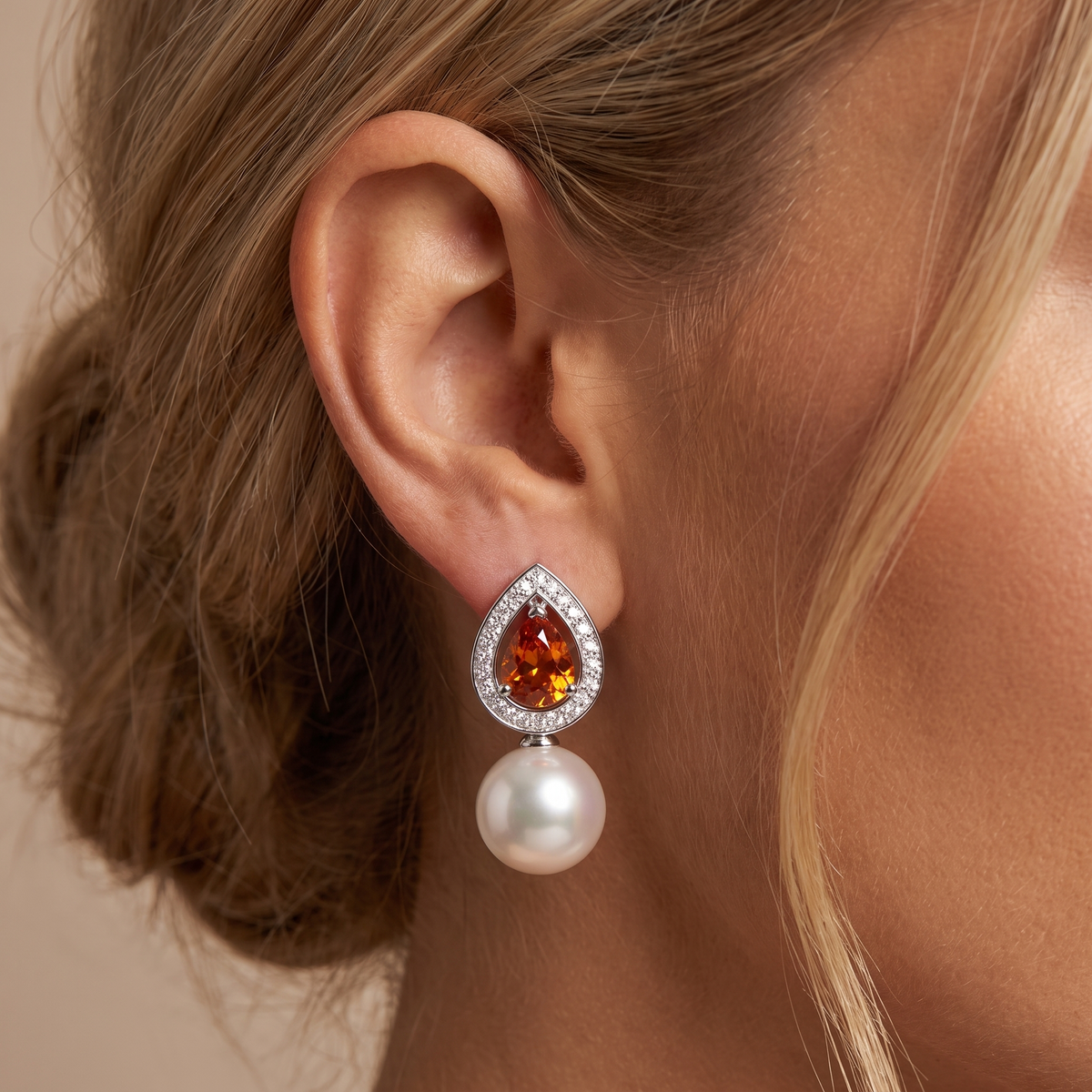 Natural Pearl, Orange Sapphire & Diamond Luxury Earrings | 0.30 CT Natural Diamonds | 18K Fine Gold | 5.02 g Gross Weight | Saleh Sallom
