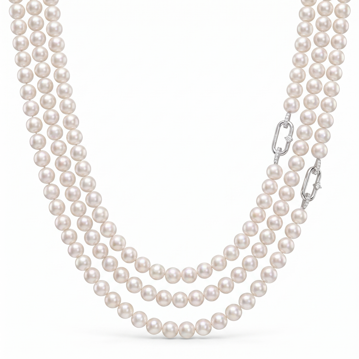 Natural Pearl & Diamond Triple Strand Luxury Necklace | 82.48 g Natural Pearls | 0.49 CT Natural Diamonds | 18K White Gold | Saleh Sallom