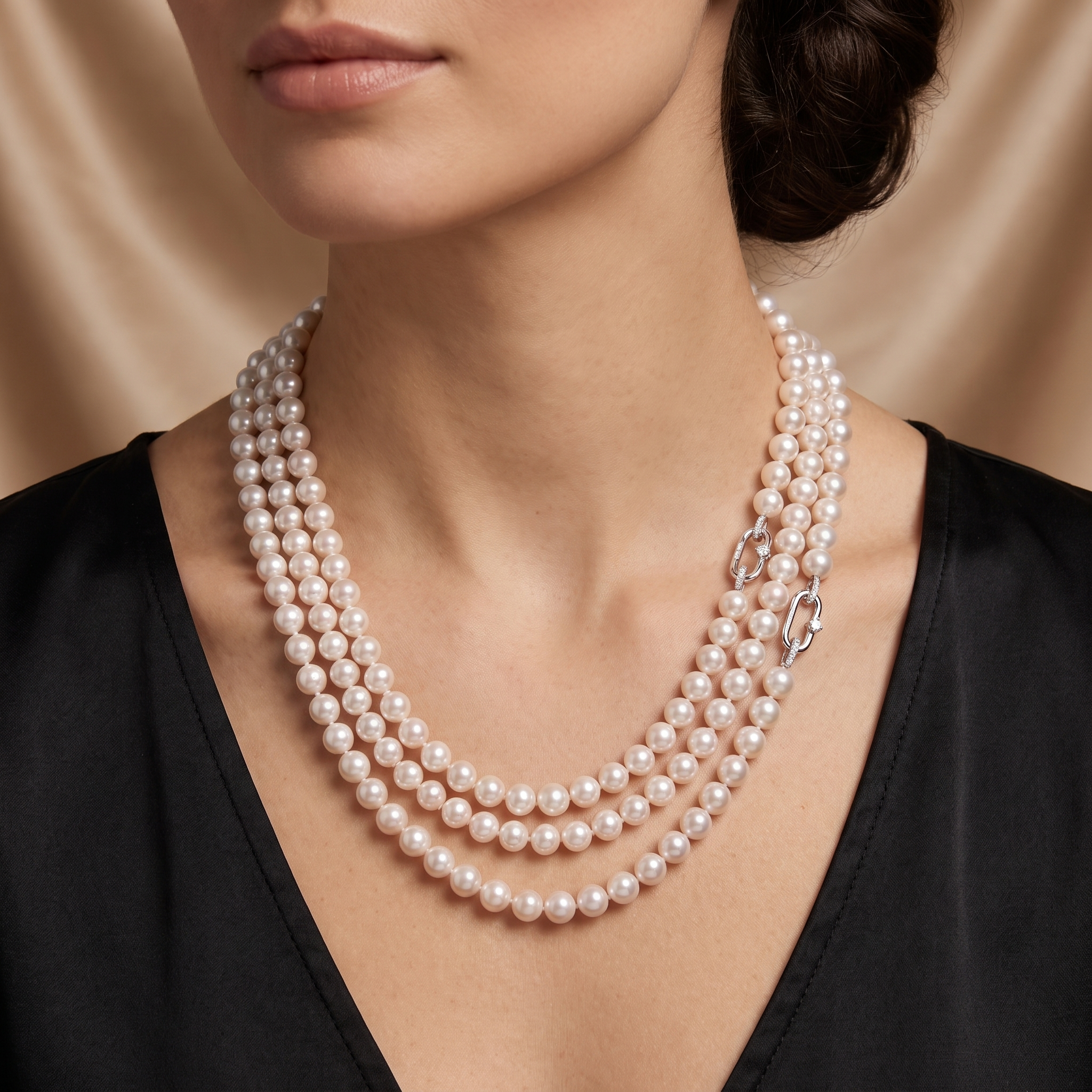 Natural Pearl & Diamond Triple Strand Luxury Necklace | 82.48 g Natural Pearls | 0.49 CT Natural Diamonds | 18K White Gold | Saleh Sallom Main image