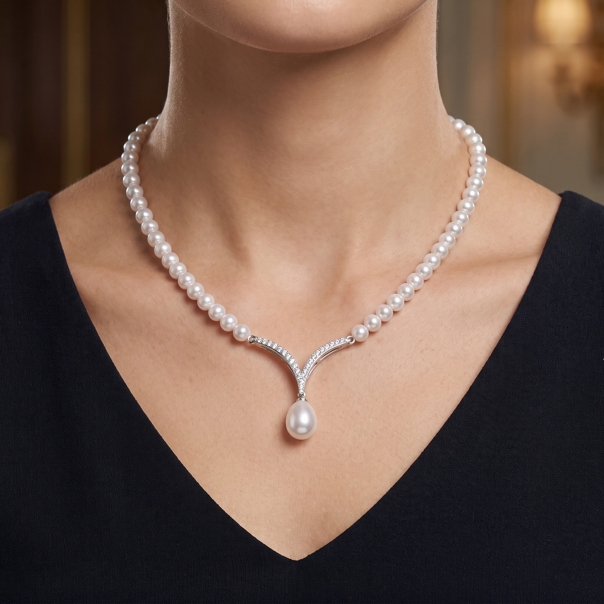 Natural Pearl & Diamond Luxury Necklace | 0.35 CT Natural Diamonds | 18K Fine Gold | 18.73 g Gross Weight | Saleh Sallom