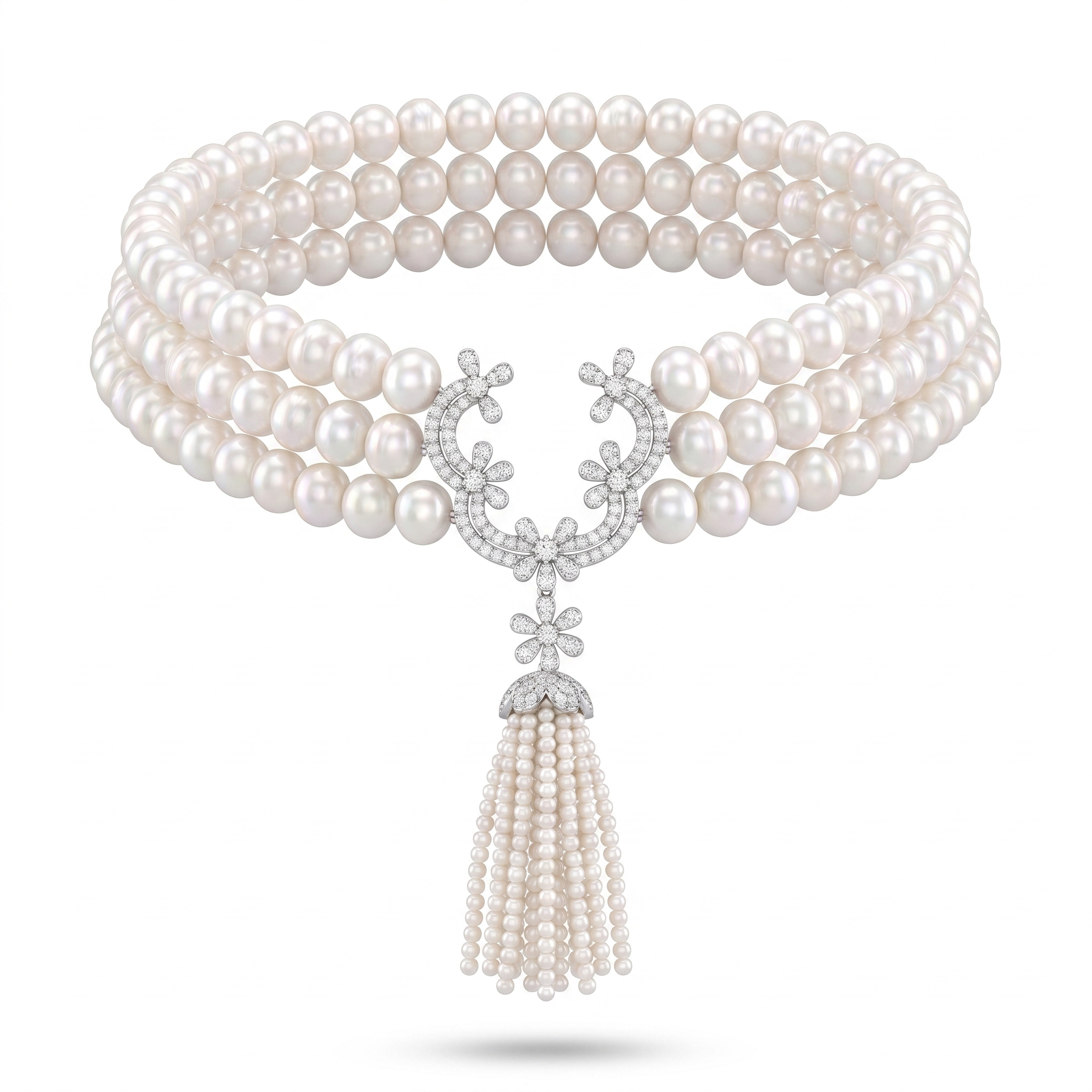 Natural Pearl & Diamond Luxury Multi-Strand Necklace | 3.75 CT Natural Diamonds | 18K Fine Gold | 137.68 g Gross Weight | Saleh Sallom Main image